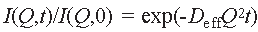 I ( Q, t) / I ( Q, o ) equals  exponential ( negative D sub e f f q squared t ) 