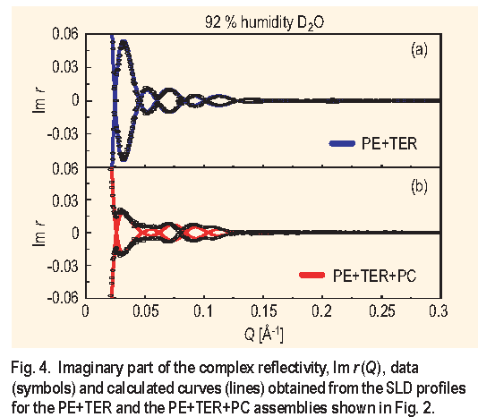 Imaginary part of the complex reflectivity, I m r ( Q ), data ( symbols ) and calculated curves ( lines ) obtained from the SLD profiles for the PE+T E R and the PE+T E R+PC assemblies shown in Figure 2.
