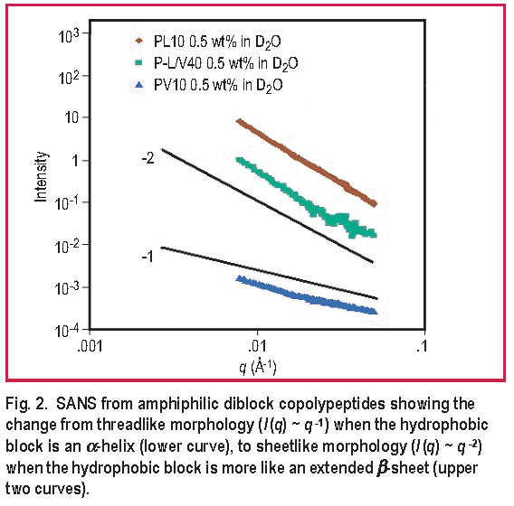 Figure 2. SANS from amphiphilic diblock copolypeptides showing the change from threadlike morphology (I (q) ~ q -1) when the hydrophobic block is an alpha-helix (lower curve), to sheetlike morphology (I (q) ~ q -2) when the hydrophobic block is more like an extended beta-sheet (upper two curves).