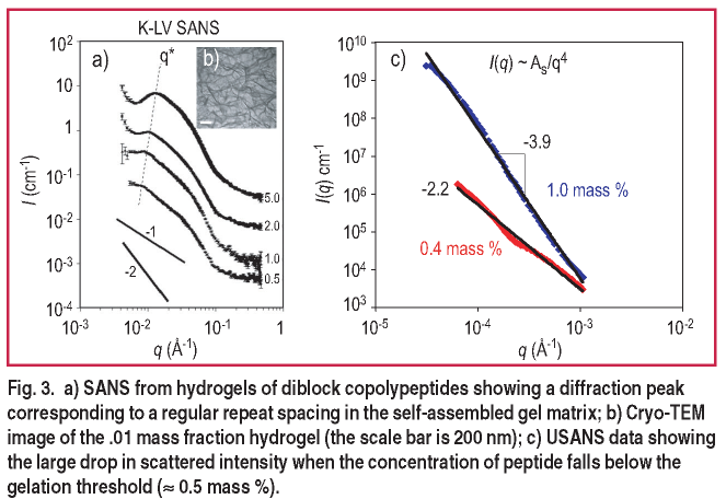 Figure 3. a) SANS from hydrogels of diblock copolypeptides showing a diffraction peak corresponding to a regular repeat spacing in the self-assembled gel matrix; b) Cryo-TEM image of the .01 mass fraction hydrogel (the scale bar is 200 nm); c) USANS data showing the large drop in scattered intensity when the concentration of peptide falls below the gelation threshold (is approximately 0.5 mass %).