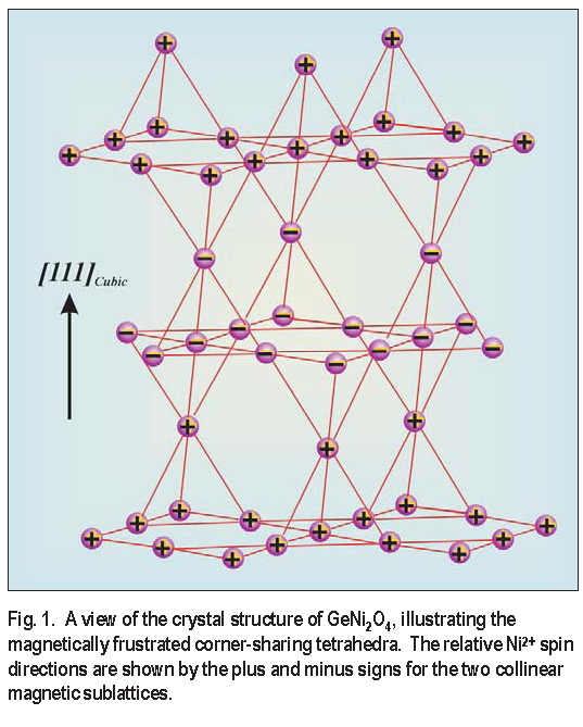Figure 1. A view of the crystal structure of GeNi sub 2 O sub 4, illustrating the magnetically frustrated corner-sharing tetrahedra. The relative Ni sup 2 + spin directions are shown by the plus and minus signs for the two collinear magnetic sublattices.