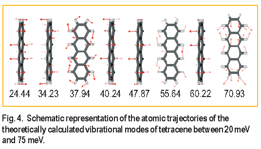 Schematic representation of the atomic trajectories of the theoretically calculated vibrational modes of tetracene between 20 m e V and 75 m e V