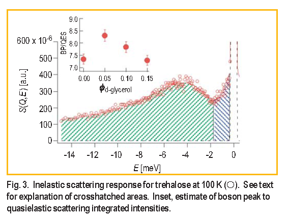 Inelastic scattering response for trehalose at 100 K ( O ). See text for explanation of crosshatched areas. Inset, estimate of boson peak to quasielastic scattering integrated intensities.